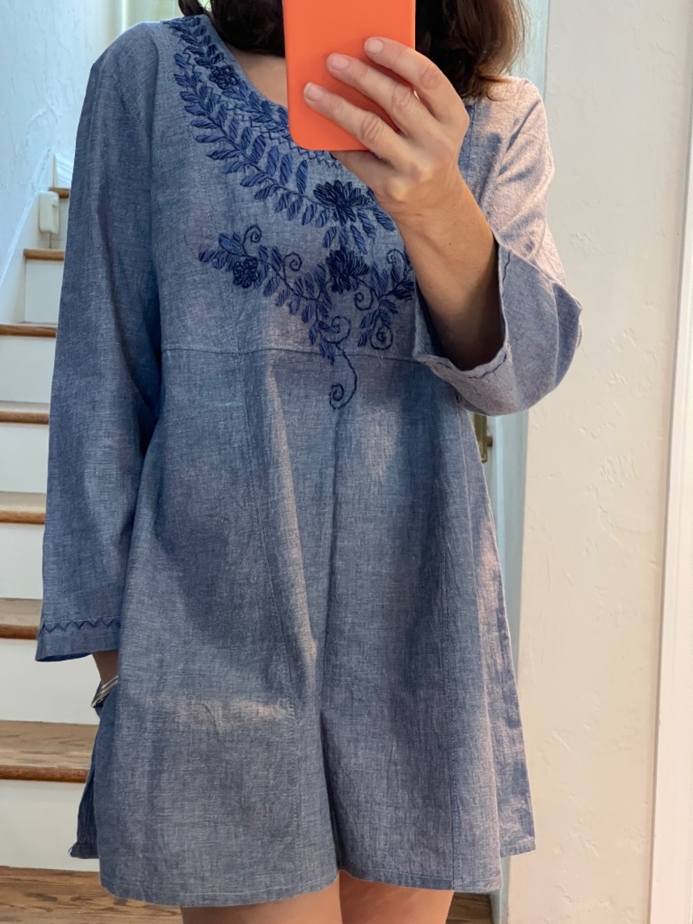 Abrazo Style embroidered cotton blue denim beach tunic dress women S